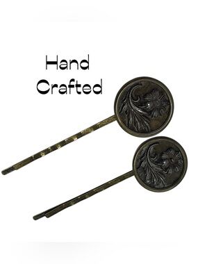 Hand Crafted Antique Gold Silver Floral Button Hair Clips NWT